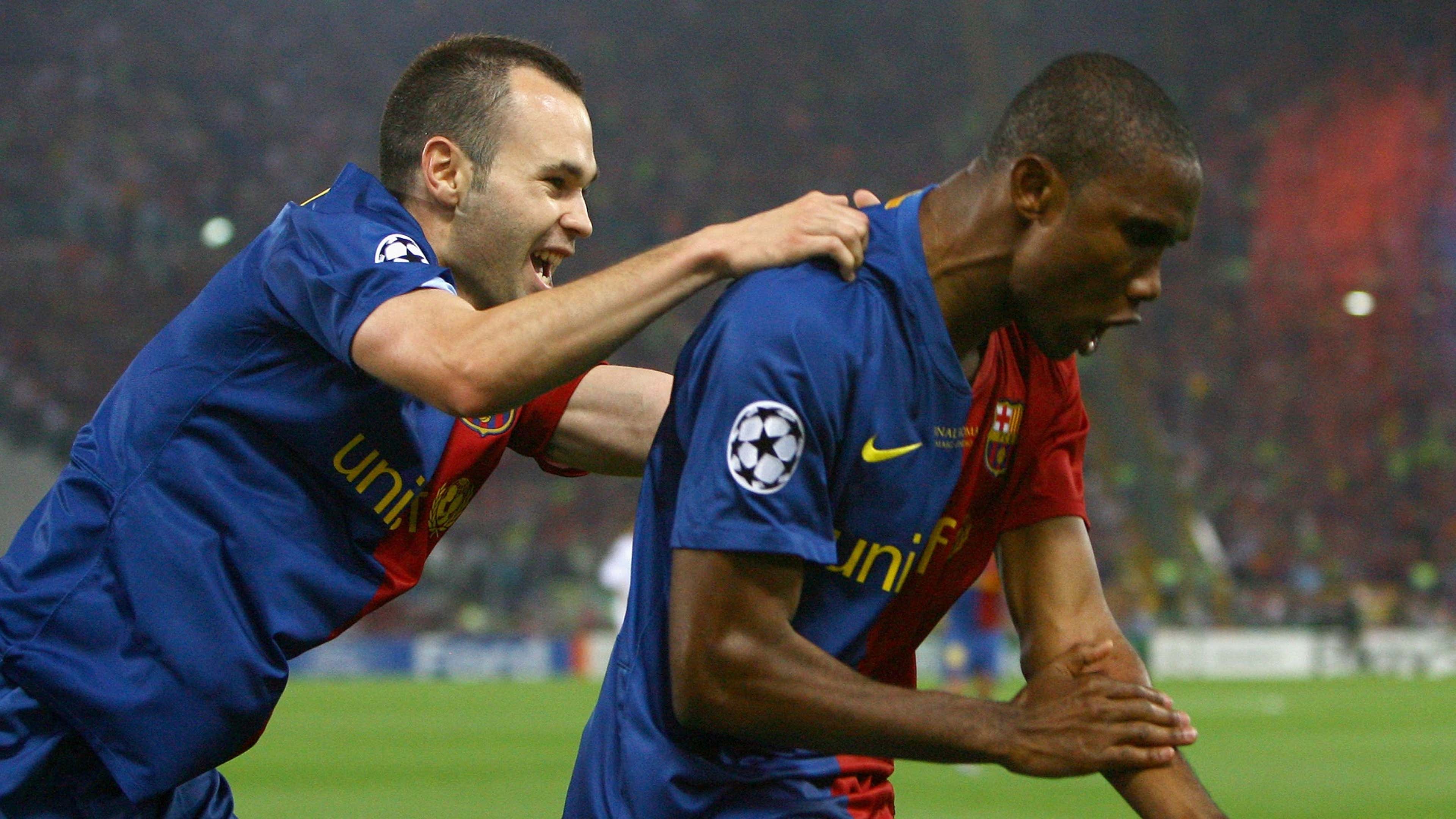 Andres Iniesta and Samuel Eto'o of Barcelona during the UEFA Champions League Final match against Manchester United on May 27, 2009