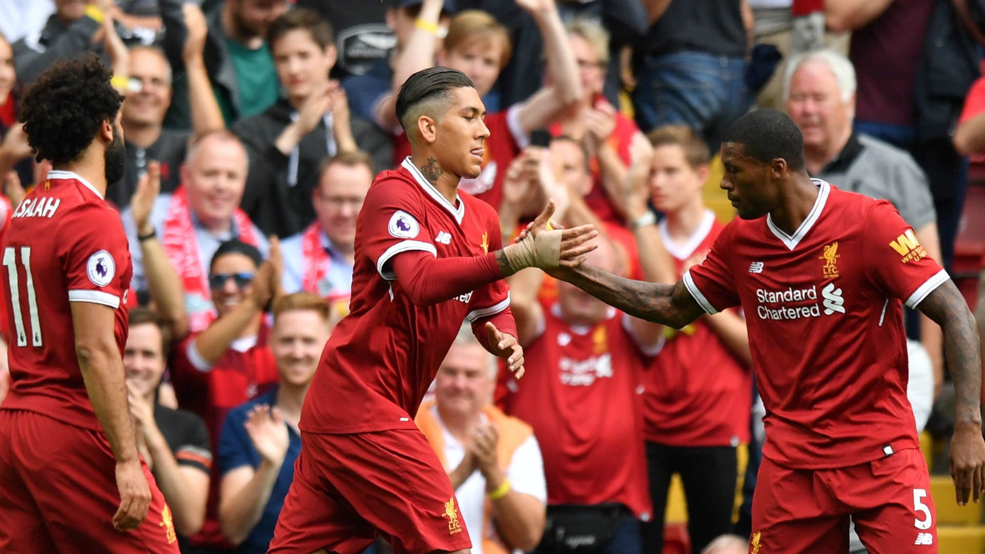 Liverpool celebrate Salah Wijnaldum Firmino