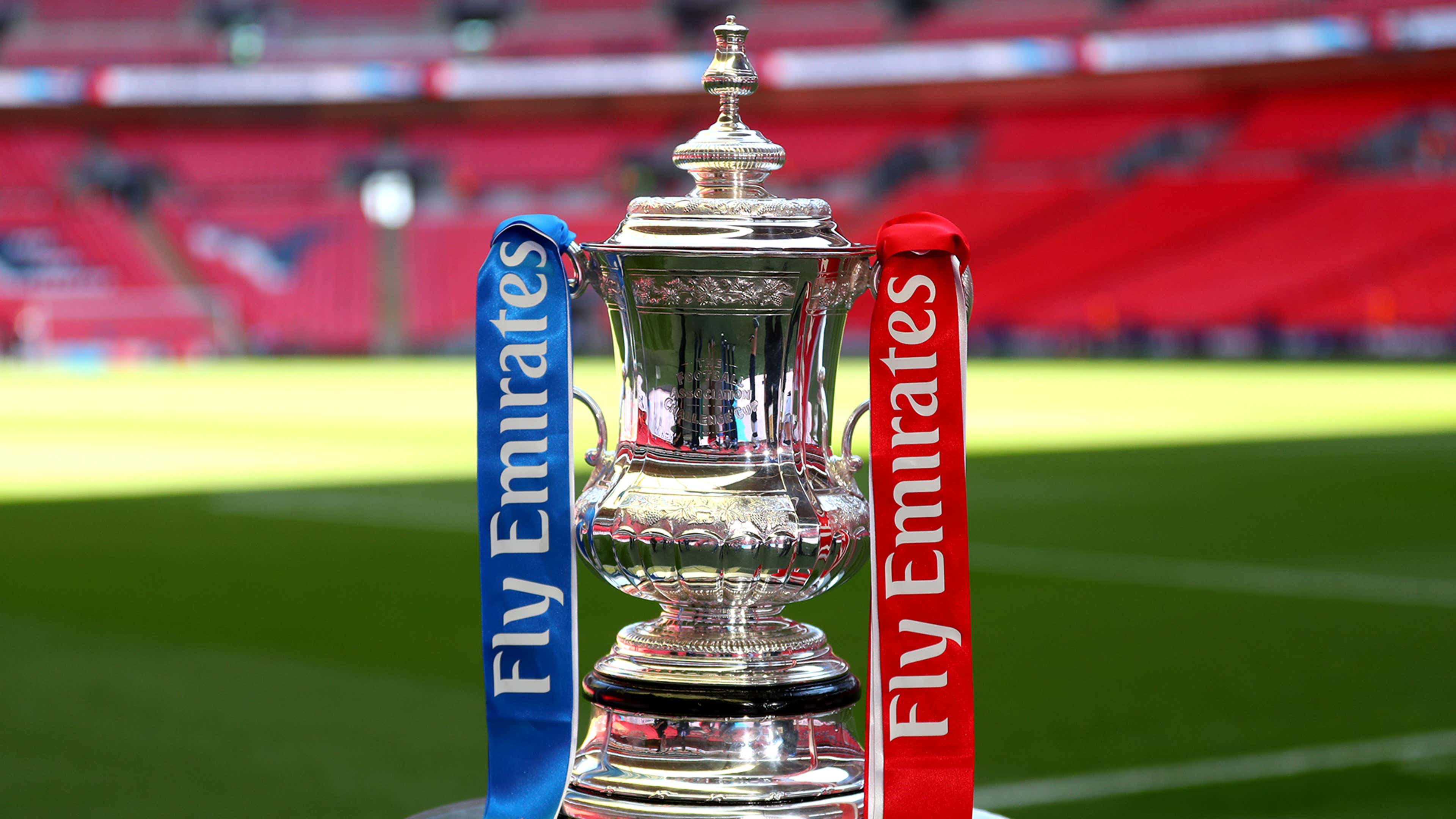  The image shows the FA Cup trophy with a red and blue ribbon with the words 'Fly Emirates' on each ribbon. The trophy is sitting on a green field with a blurred background of a stadium with red seats.
