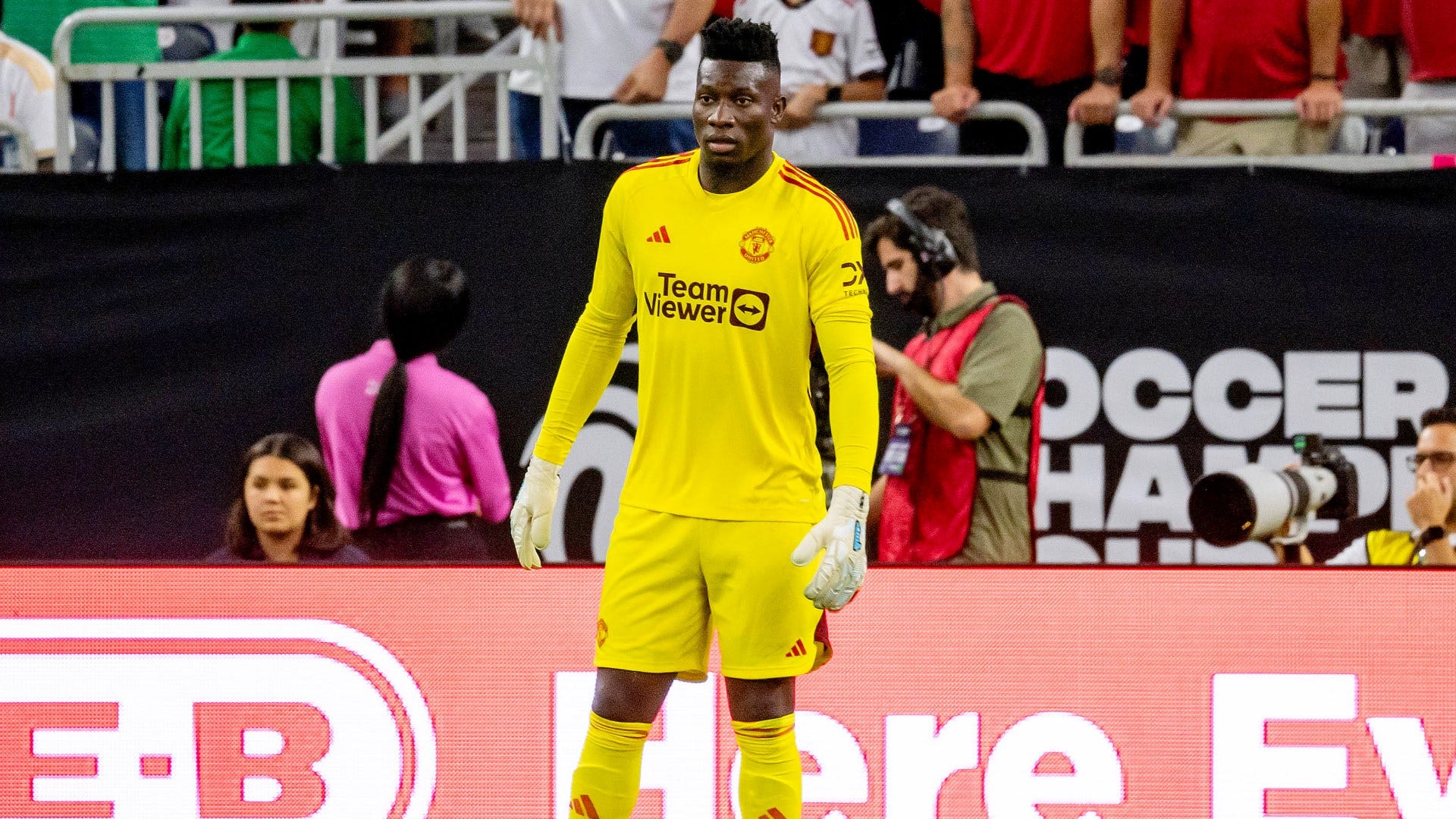  Andre Onana, the goalkeeper for Manchester United, is captured in action during a match.