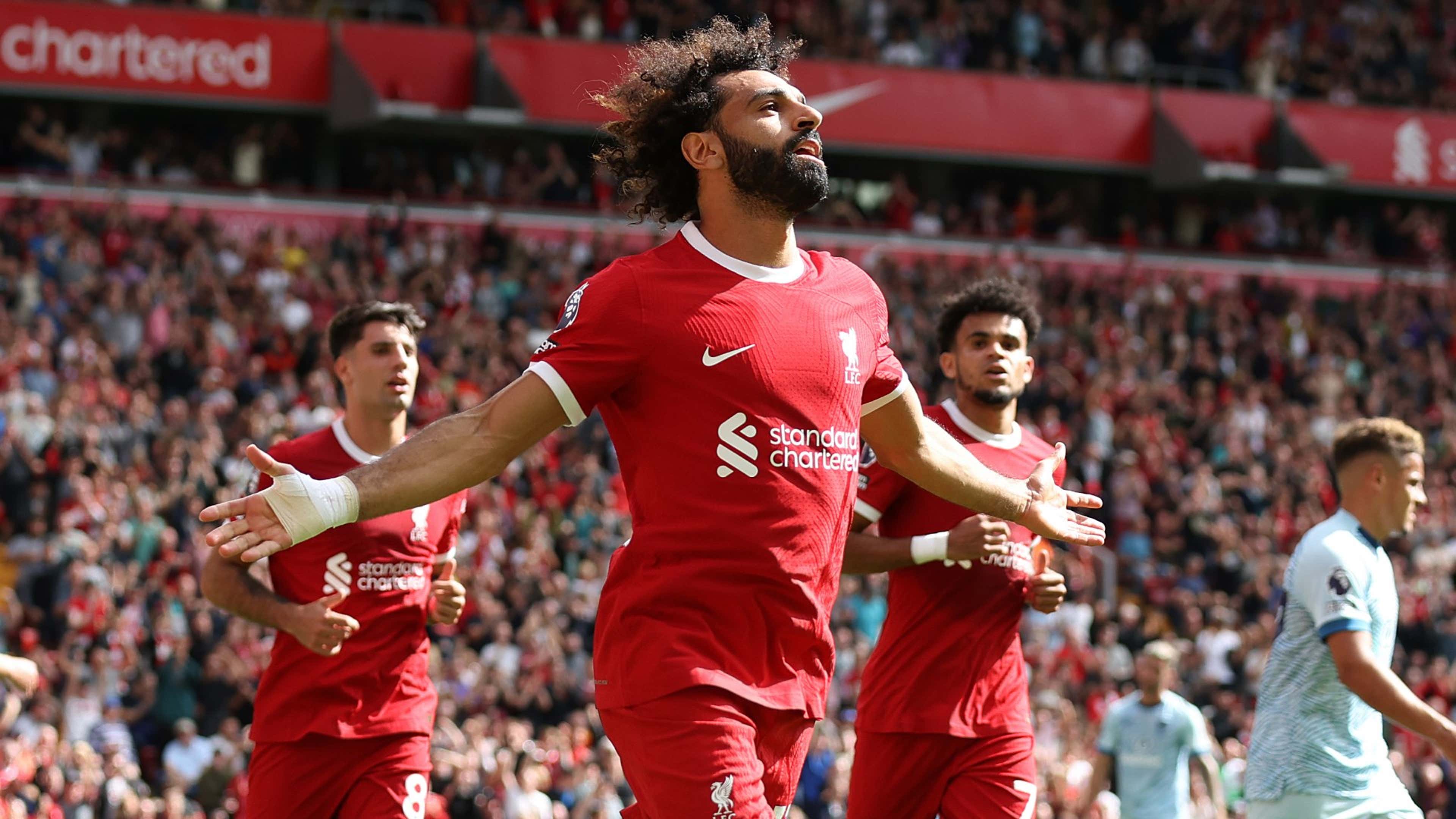 Mohamed Salah celebrates scoring for Liverpool against Bournemouth 2023-24