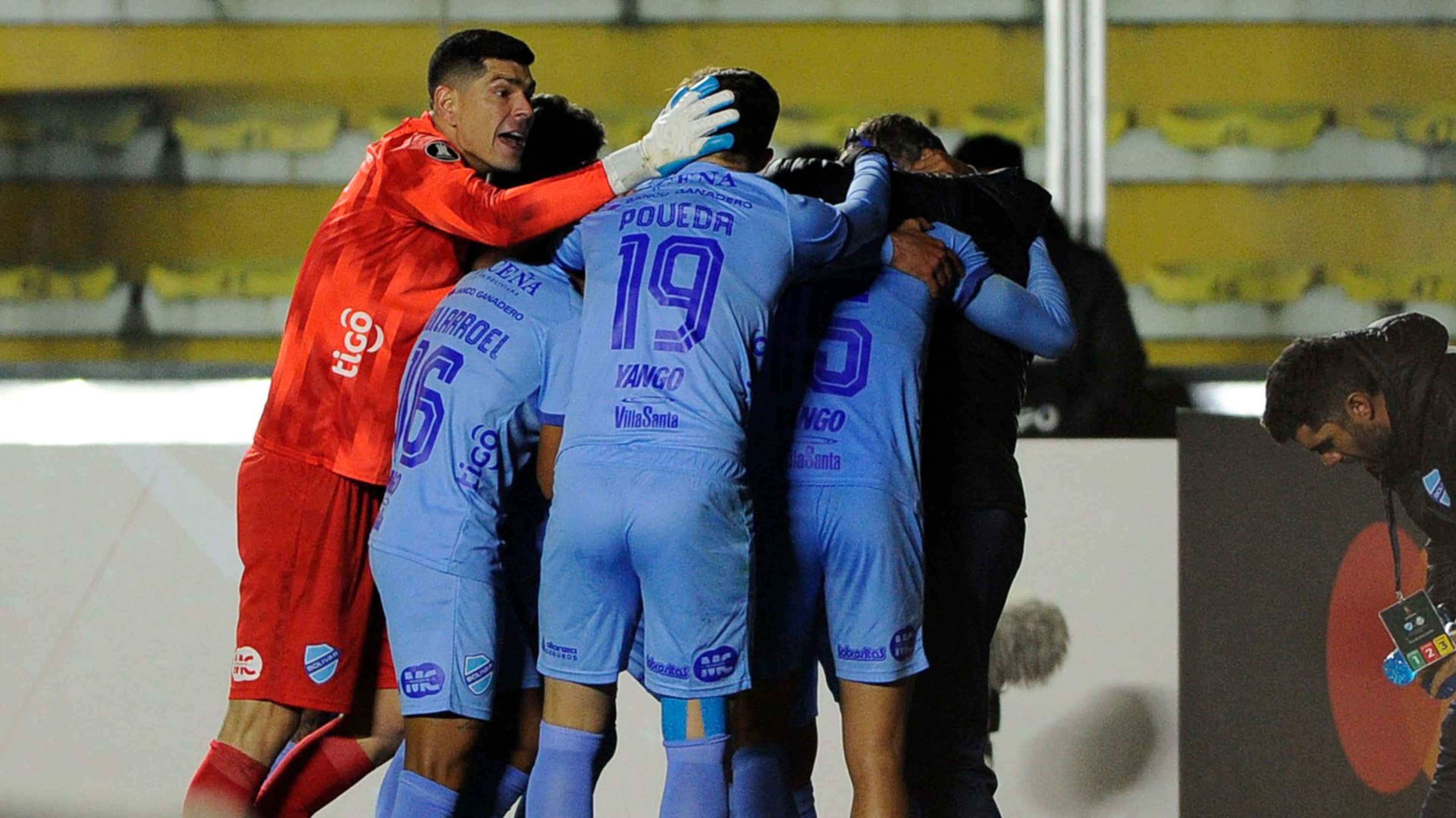 Jogadores do Bolívar comemoram gol contra o Palmeiras, pela Copa Libertadores 2023
