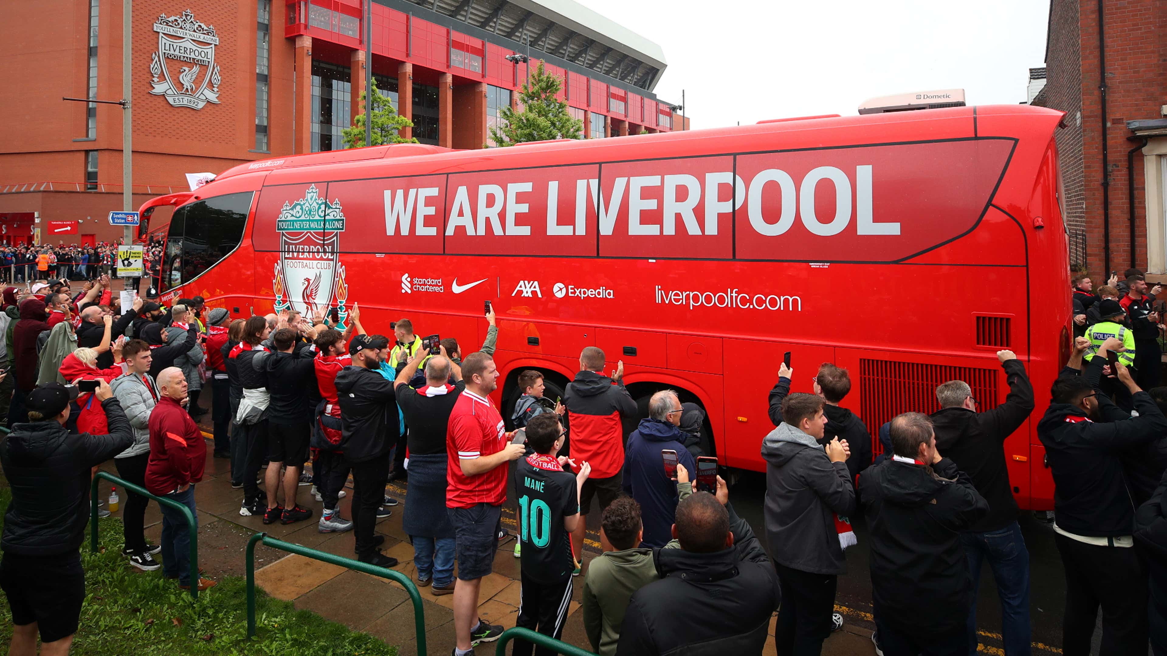 Liverpool team bus arrives at Anfield