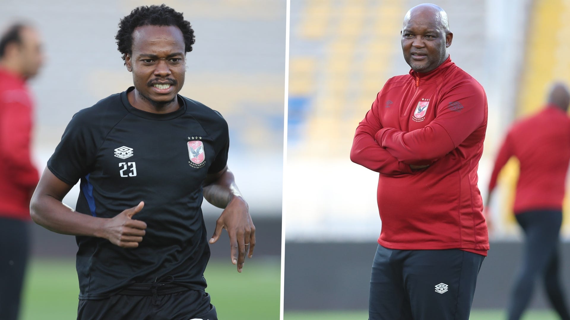 South Africa coach Pitso Mosimane and Percy Tau of Al Ahly.
