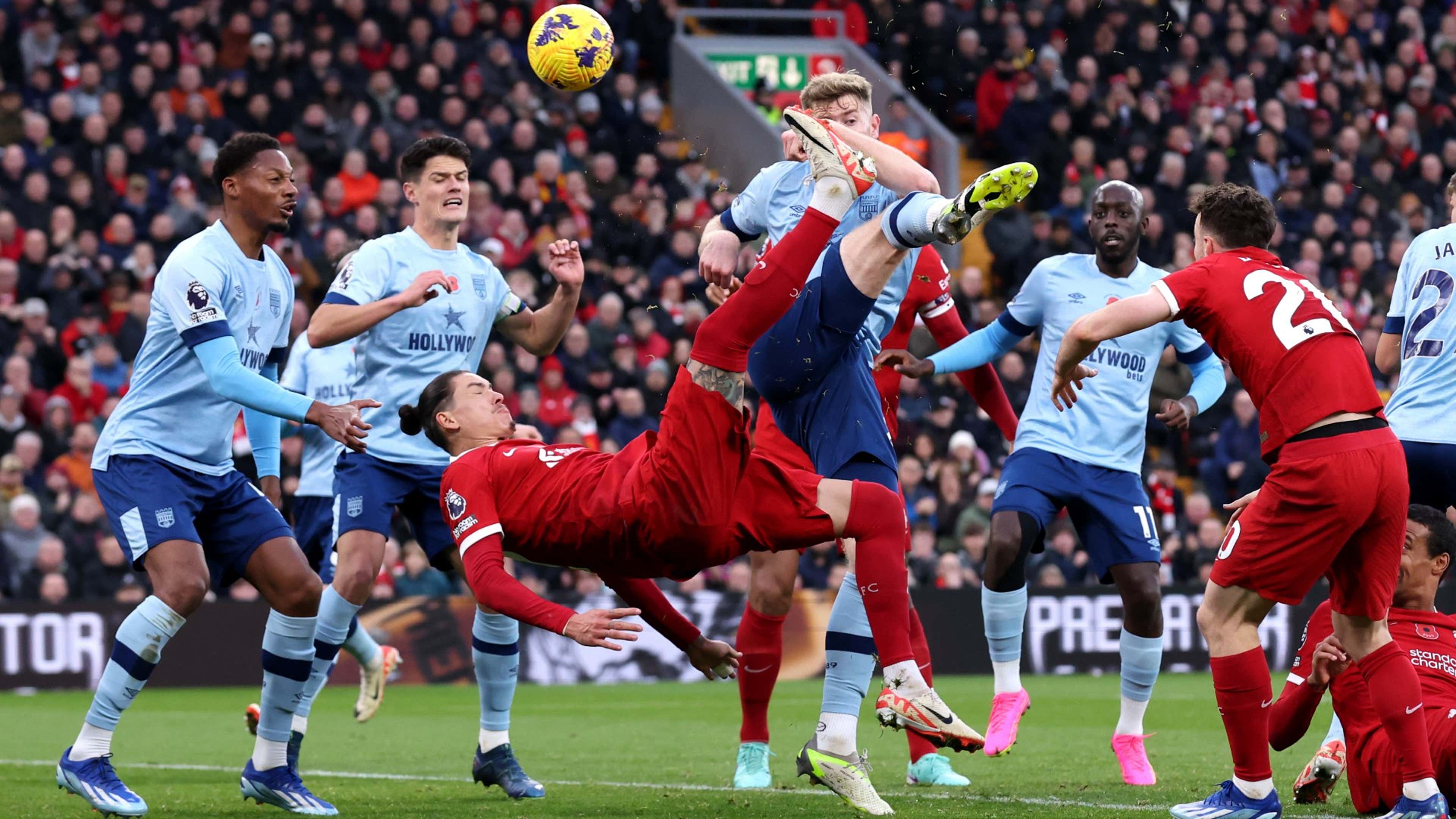 Darwin Nunez overhead kick Liverpool Brentford Premier League 2023-24