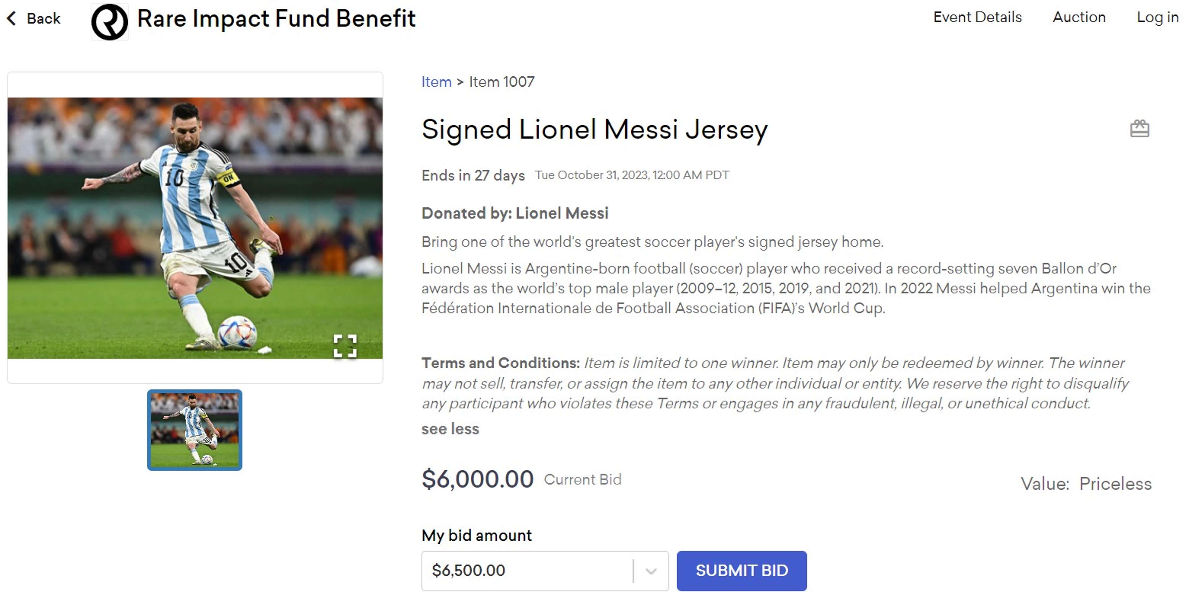 Lionel Messi shirt auction