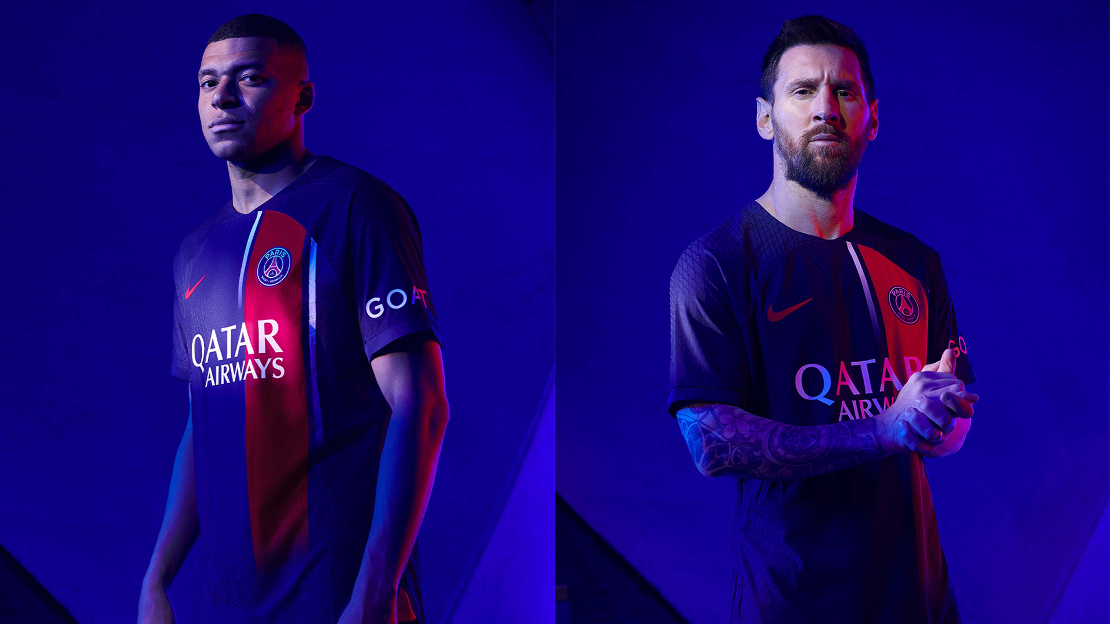 PSG 2023-24 home kit - Mbappe and Messi