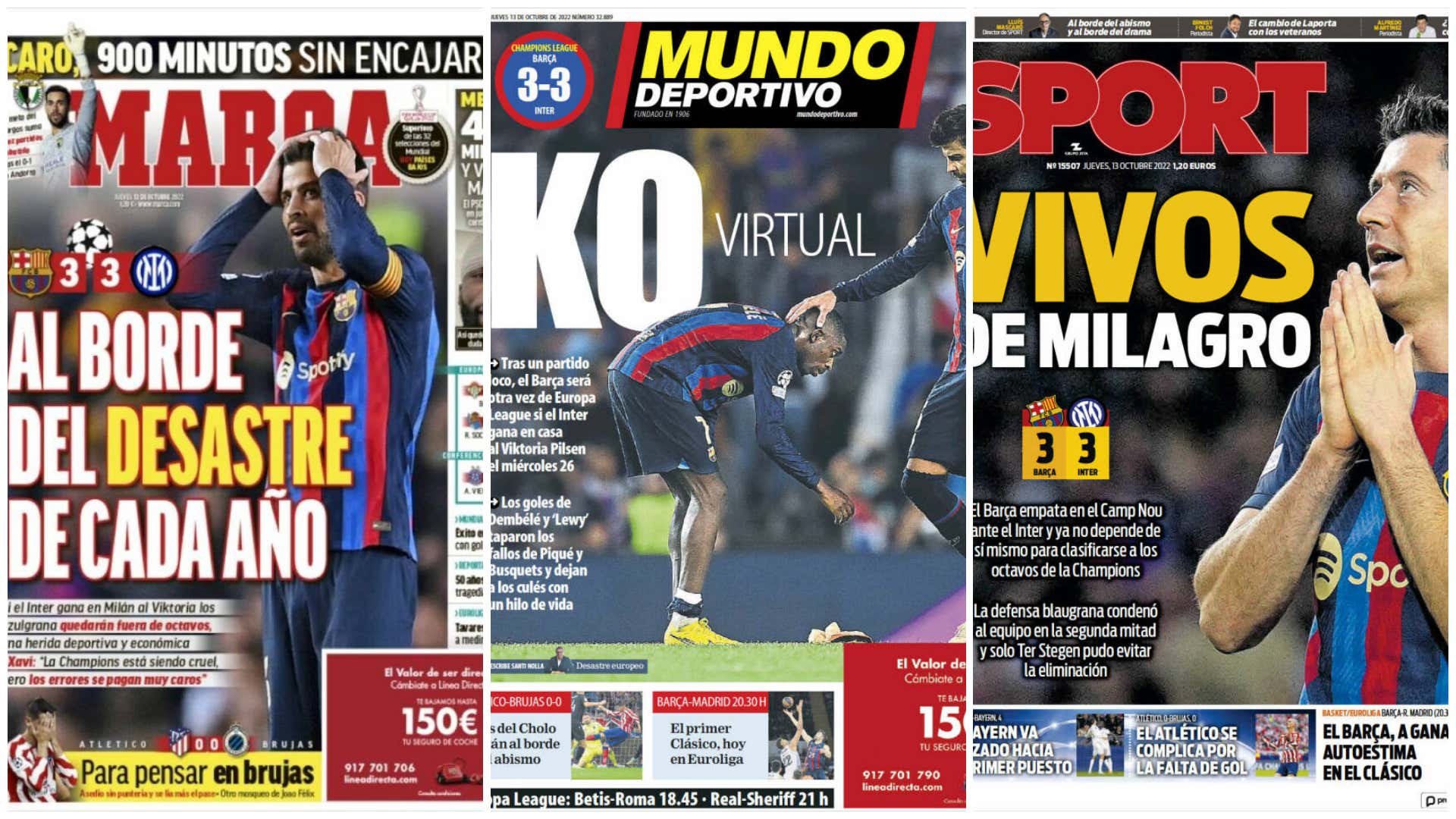 Las portadas de la prensa deportiva hoy 13 de octubre 2022: El Barcelona se  queda al borde del KO en la Champions 