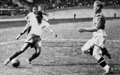 ile picture dated 19 June 1938 of Brazilian forward Leonidas da Silva front of a Swedish defender during the World Cup