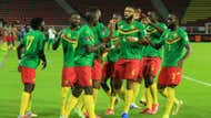 Cameroon players celebrate a goal scored by Vincent Aboubakar vs Malawi.