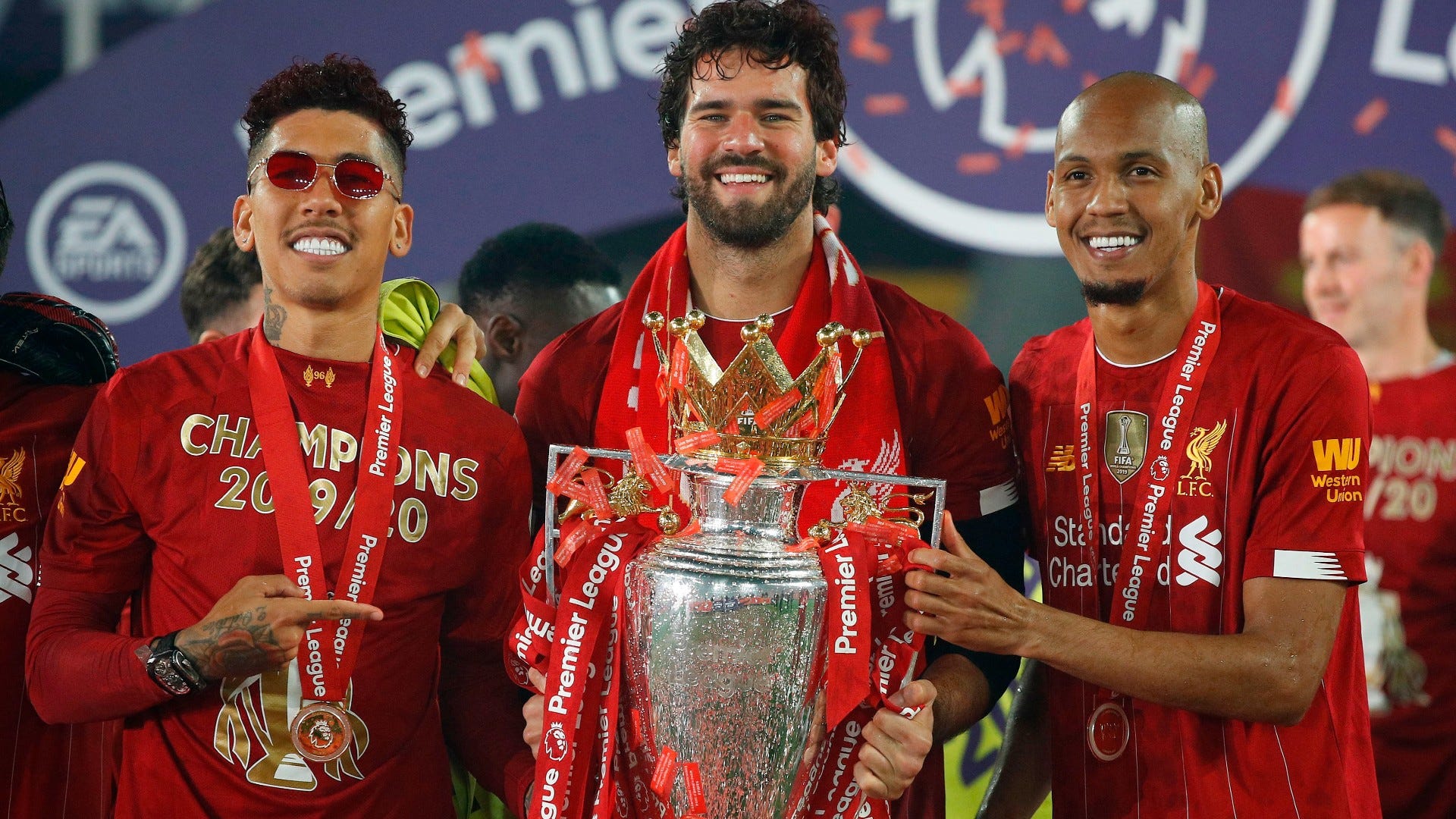 Roberto Firmino Alisson Fabinho Liverpool Premier League trophy