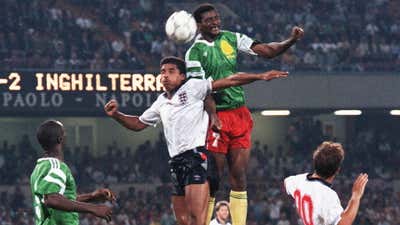 Francois Omam Biyick of Cameroon vs England's Des Walker