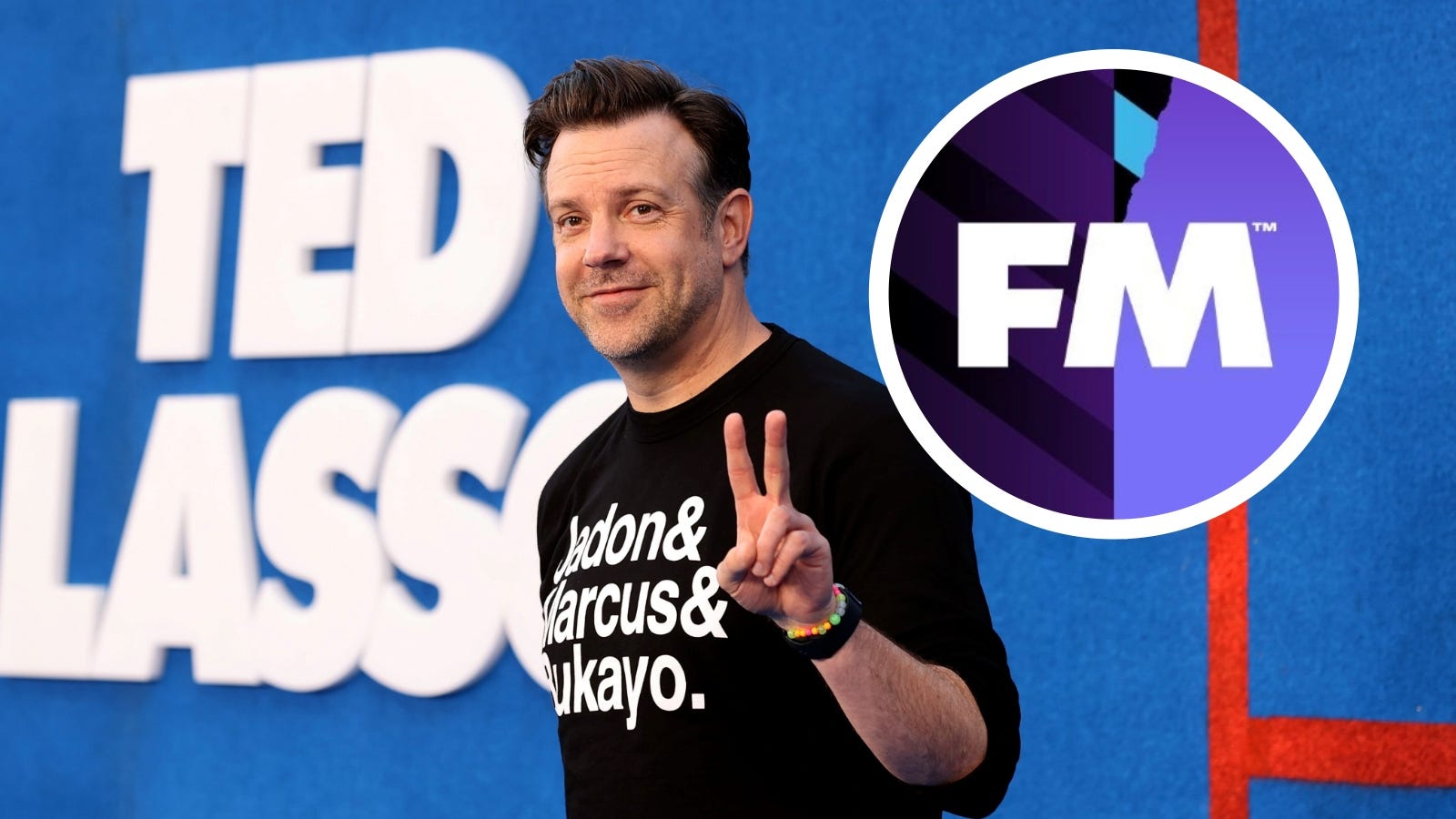 Jason Sudeikis standing next to Ted Lasso logo with Football Manager logo