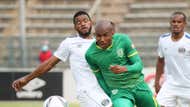 Thabani Zuke of Golden Arrows challenged by Sipho Mbule of Supersport United,  August 2021