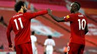 Mohamed Salah and Sadio Mane of Liverpool celebrate a goal