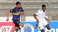 Gamphani Lungu of Supersport United challenged by Keanu Cupido of Cape Town City, December 2021