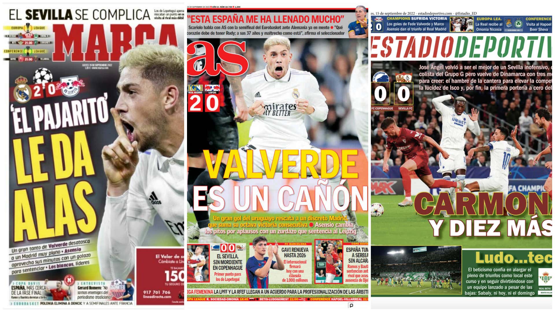 Las portadas de la prensa deportiva hoy 15 de septiembre 2022: Valverde  tira del Real Madrid Madrid y el Sevilla no tiene pólvora 