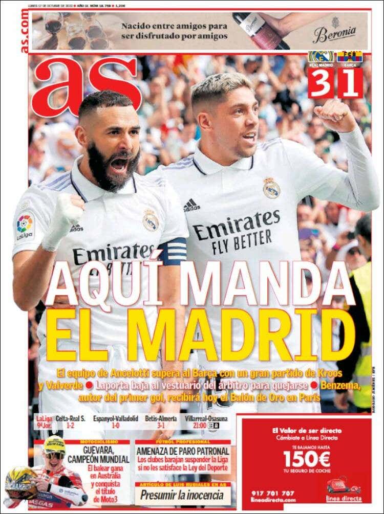 Las portadas de la prensa deportiva hoy 17 de octubre 2022: El Real Madrid  se lleva el Clásico y deprime más al Barcelona 
