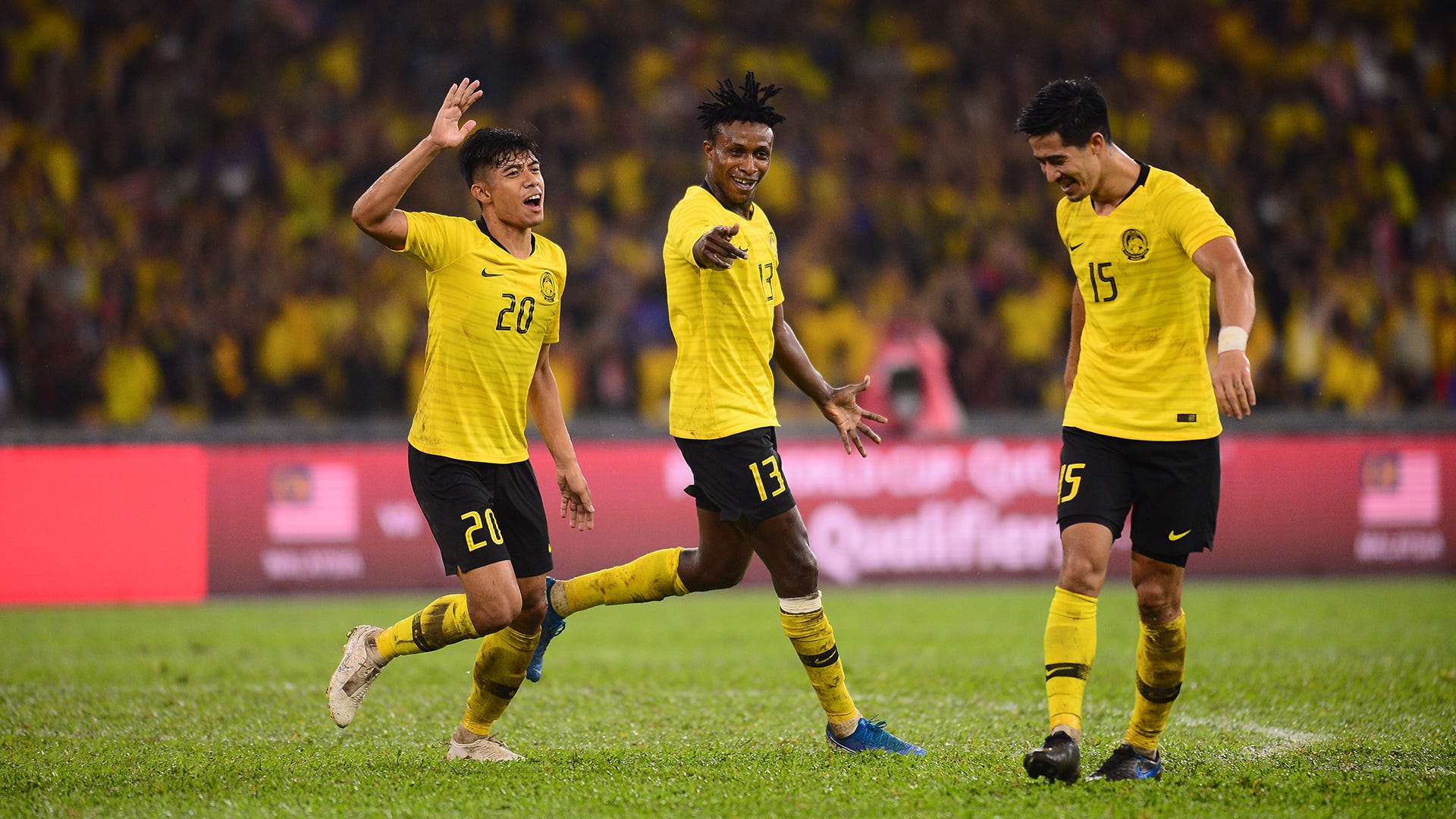 Syafiq Ahmad, Mohamadou Sumareh, Brendan Gan, Malaysia v Thailand, 2022 World Cup qualifier, 14 Nov 2019