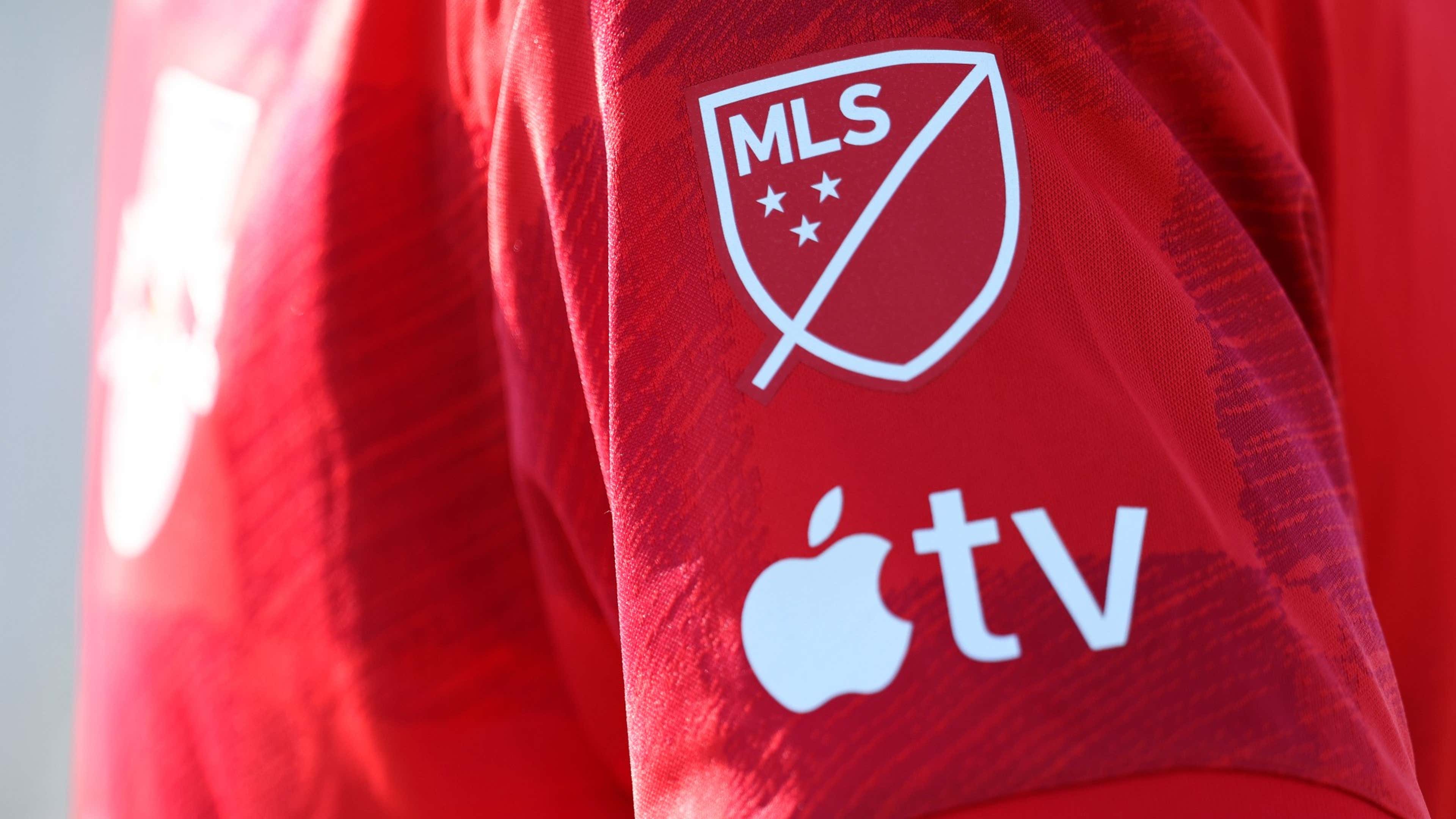 MLS logo above Apple TV logo on New York Red Bulls jersey