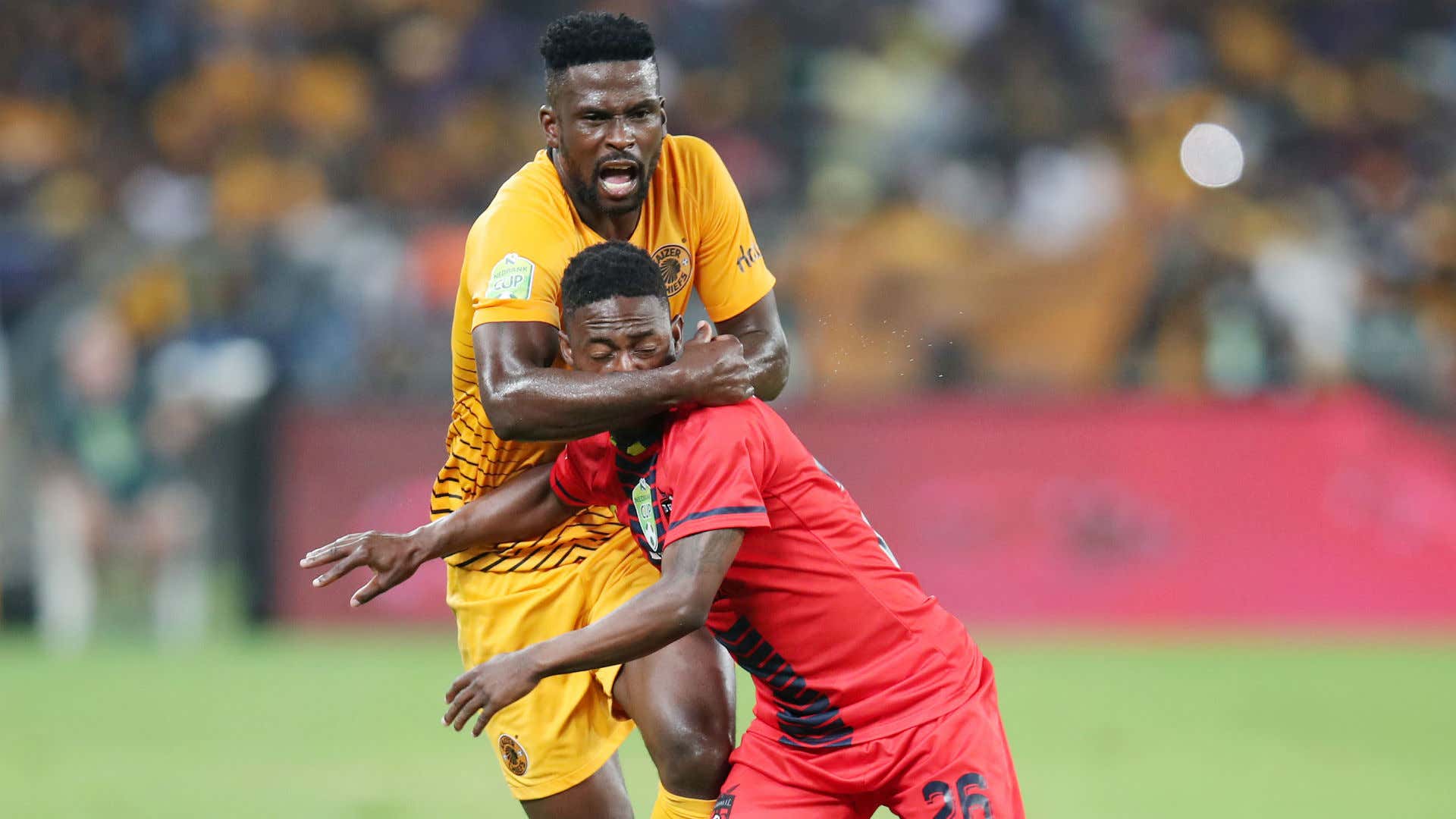 Snethemba Ngidi of TS Galaxy challenged by Kgotso Moleko of Kaizer Chiefs, May 2019