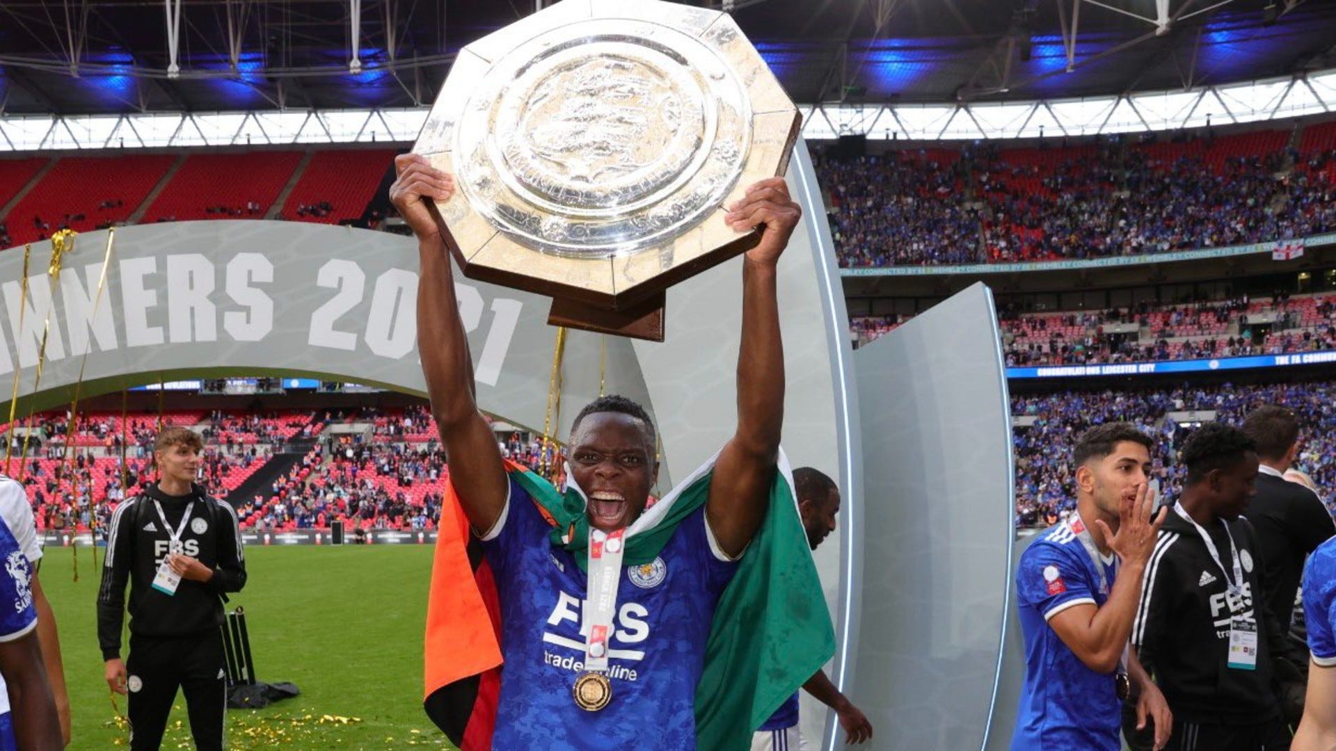 Zambia striker Patson Daka and Leicester City with Community Shiel trophy.