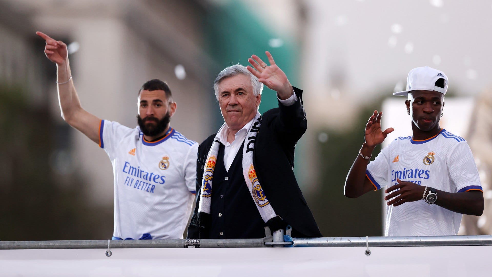 Karim Benzema, Carlo Ancelotti, Head Coach of Real Madrid and Vinicius Junior