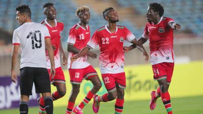 Lawrence Juma of Kenya and Abdallah Hassan of Harambee Stars vs Egypt.