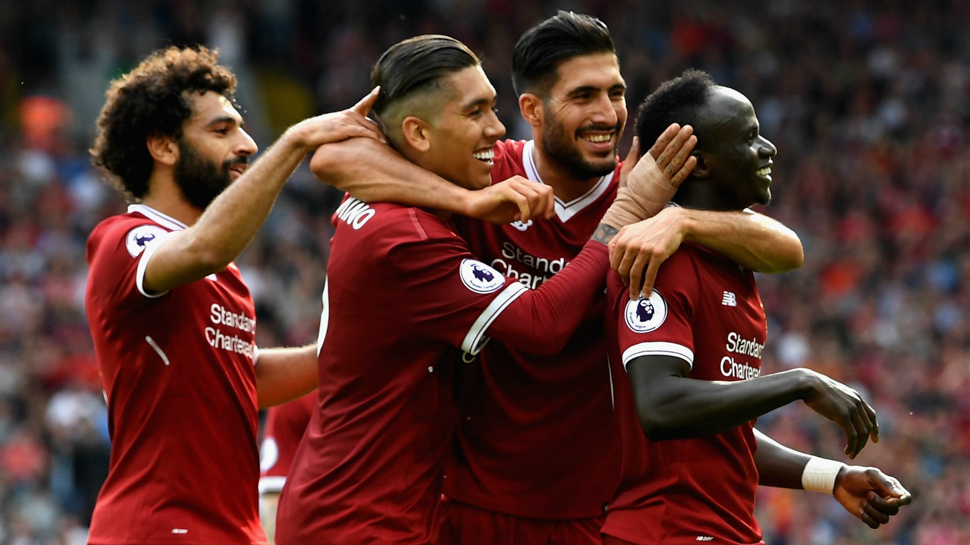 Liverpool celebrate Mane Firmino Can Salah