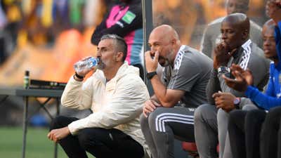 Jose Riveiro, Sergio Almenara and Mandla Ncikazi, Orlando Pirates, October 2022