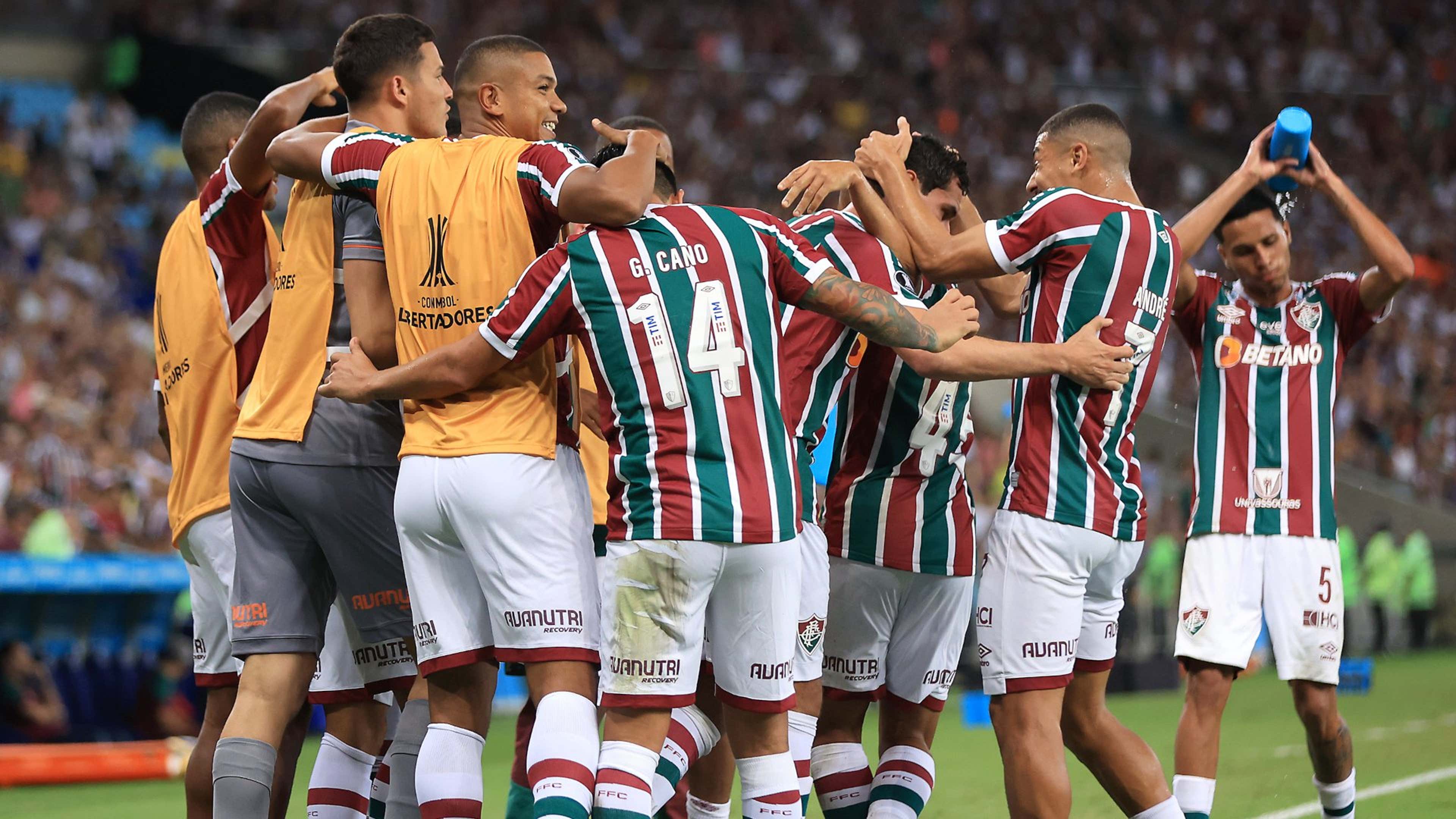 Jogadores do Fluminense comemoram gol contra o River Plate, pela Copa Libertadores, 02/05/2023