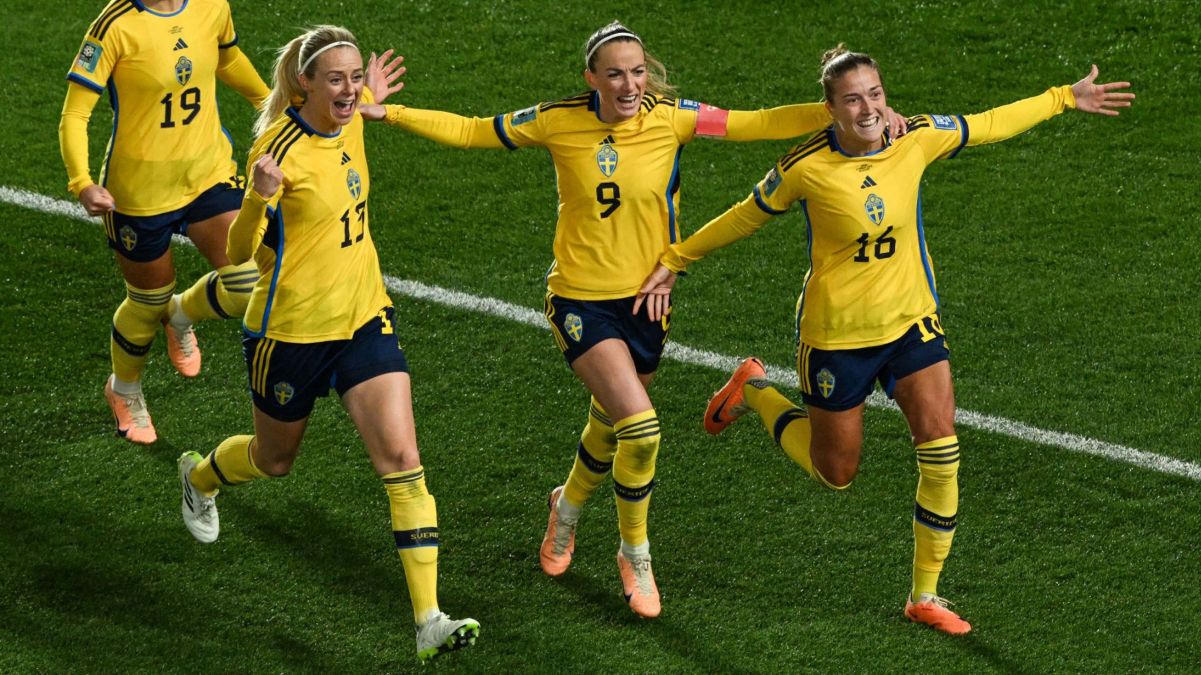 Sweden players celebrate Filippa Angeldahl's goal for Sweden Women's World Cup