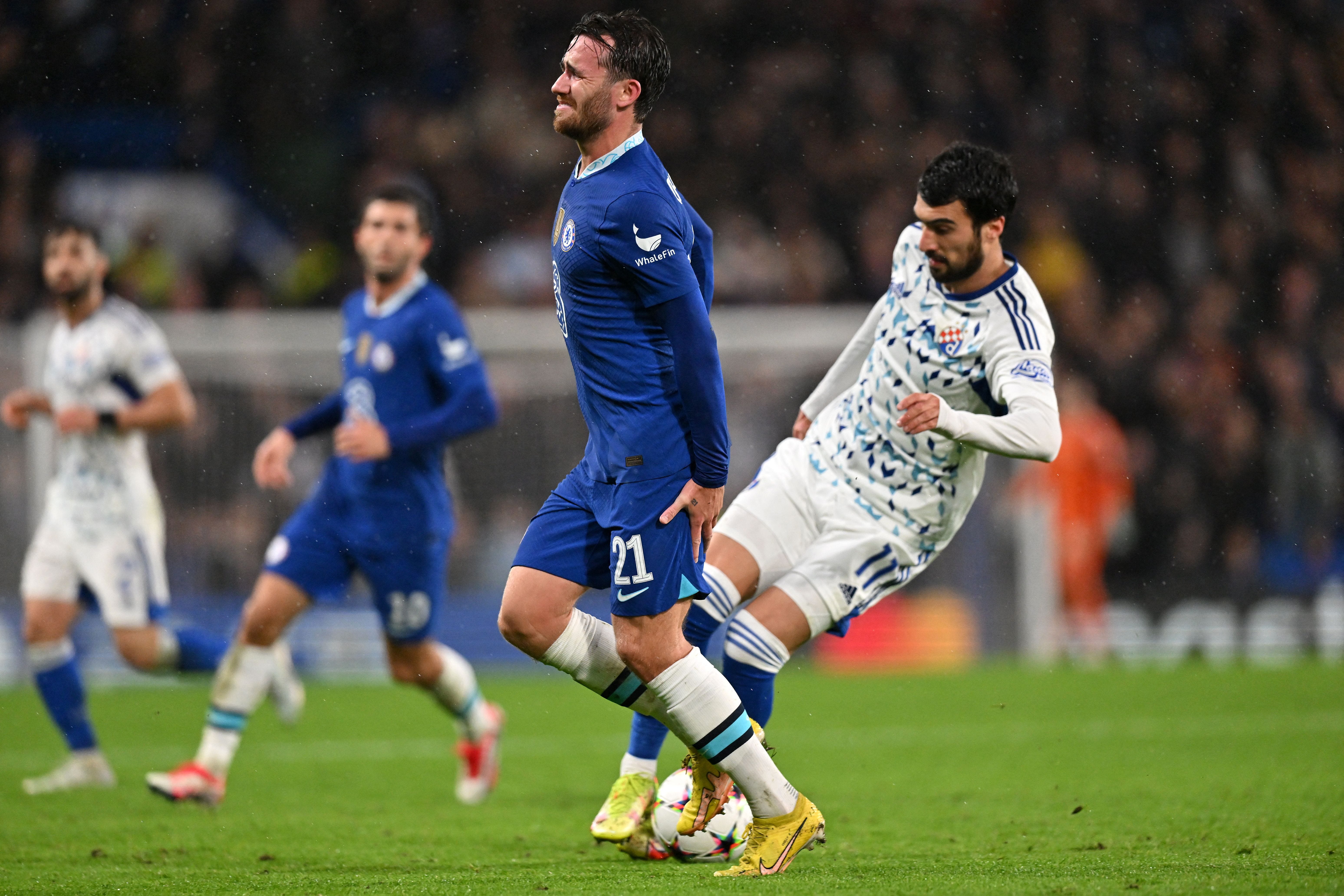 Chilwell clutches his hamstring