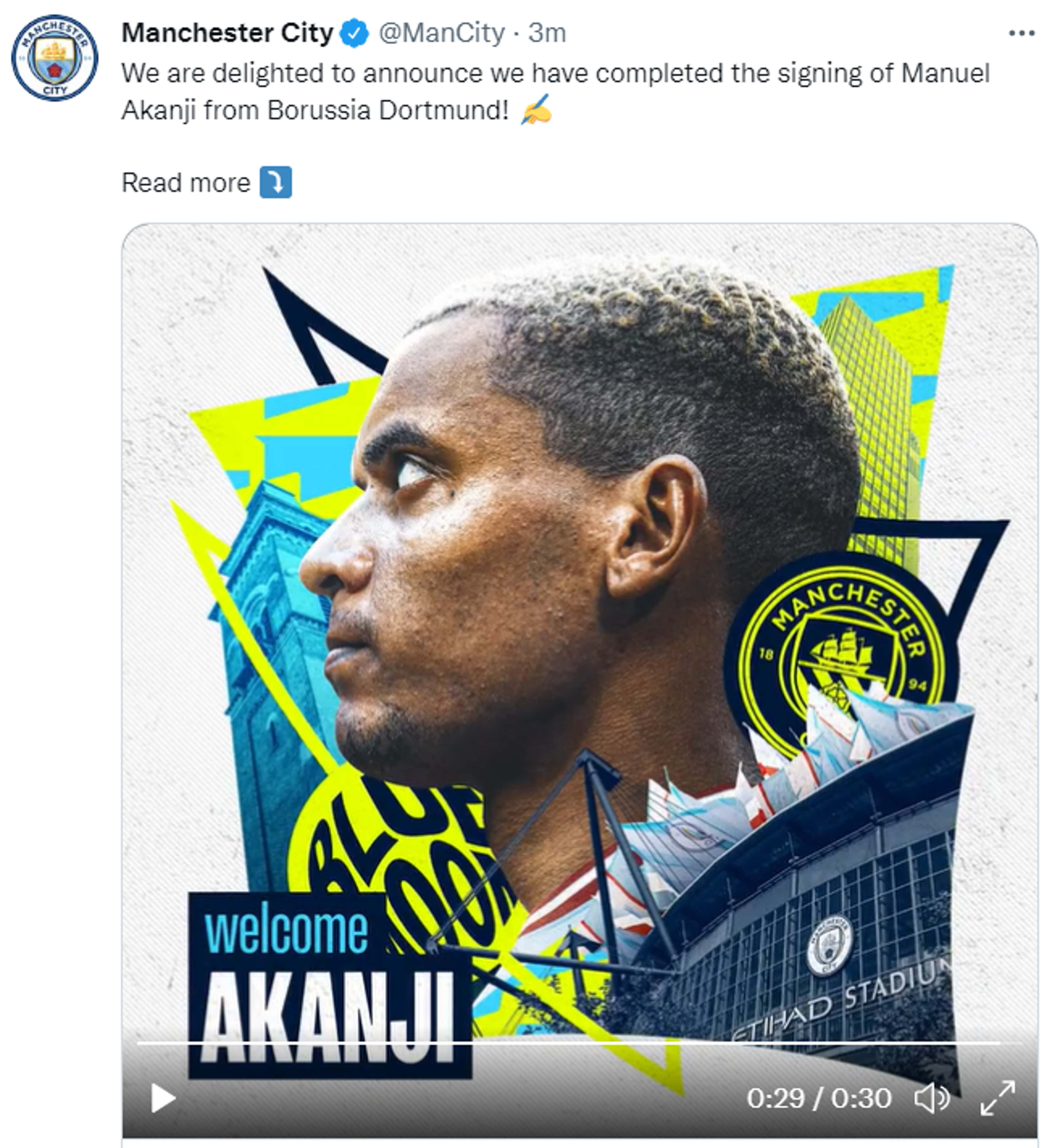 Man City sign defender Manuel Akanji from Borussia Dortmund for £15m, Transfer Centre News