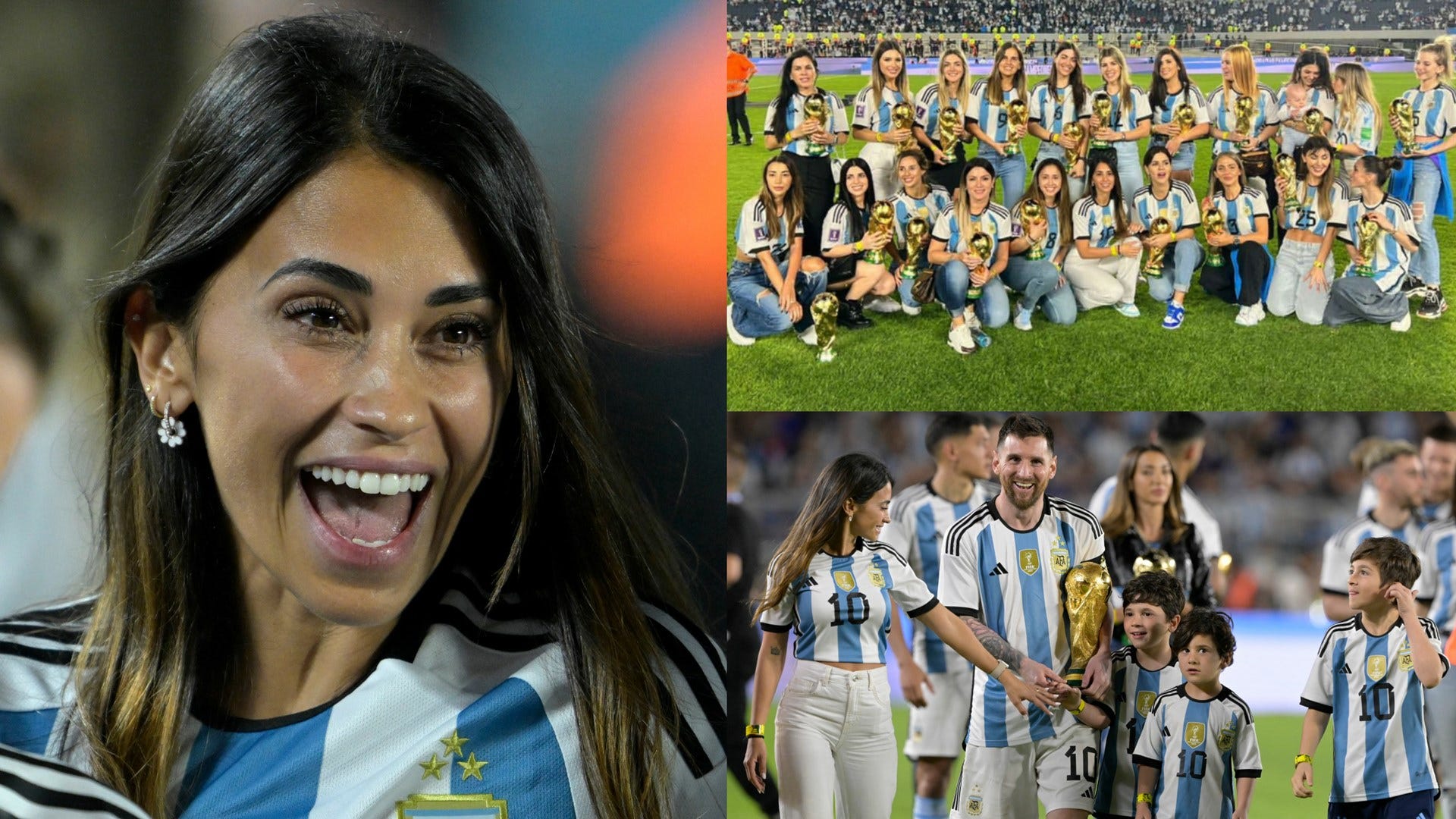 Argentinien: Antonela Roccuzzo, Ehefrau von Lionel Messi, post mit Spielerfrauen und WM-Pokal