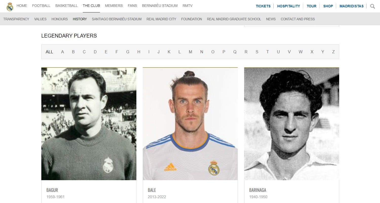 Gareth Bale Real Madrid legends website