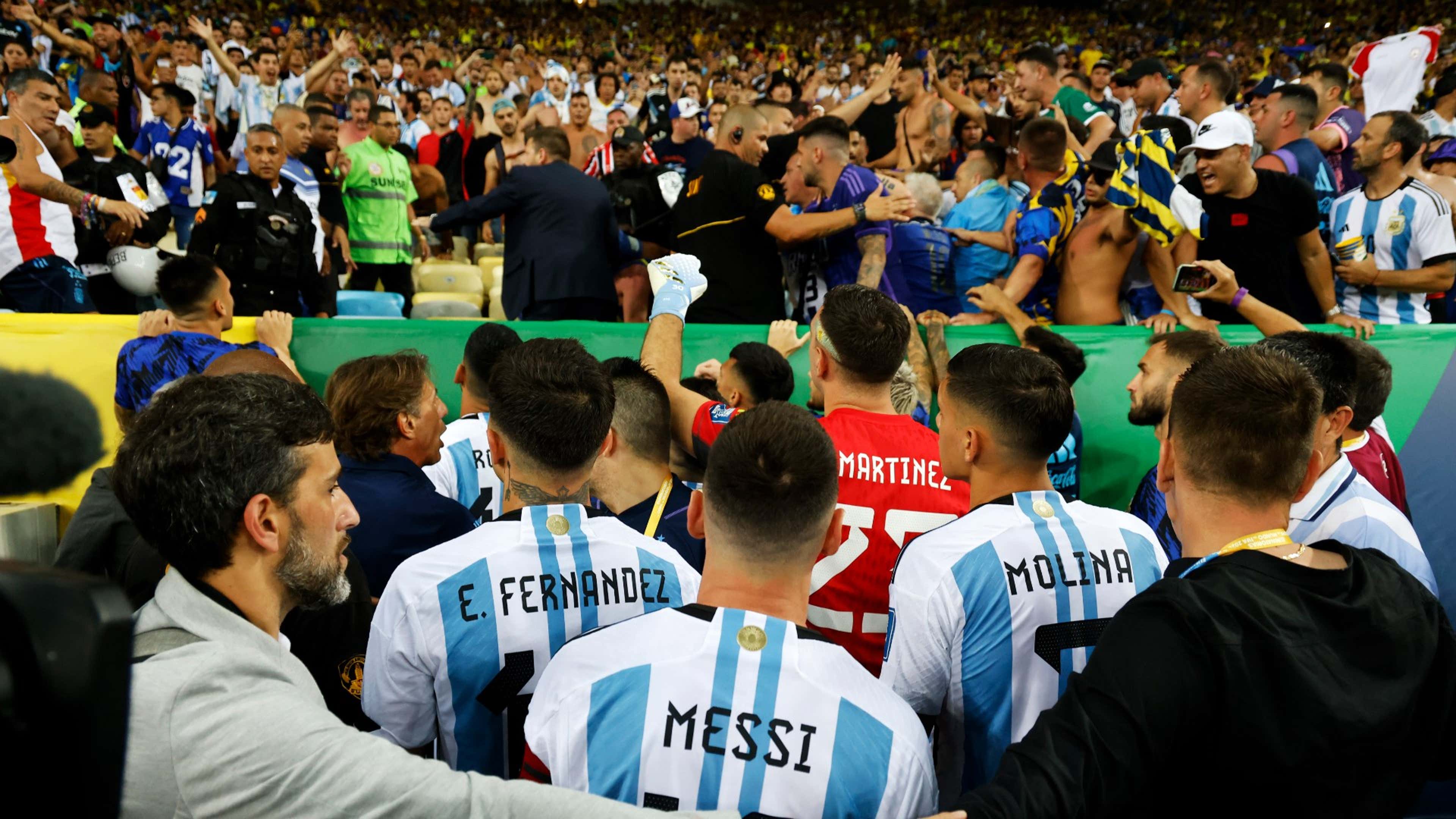 Argentina players confront Brazil police