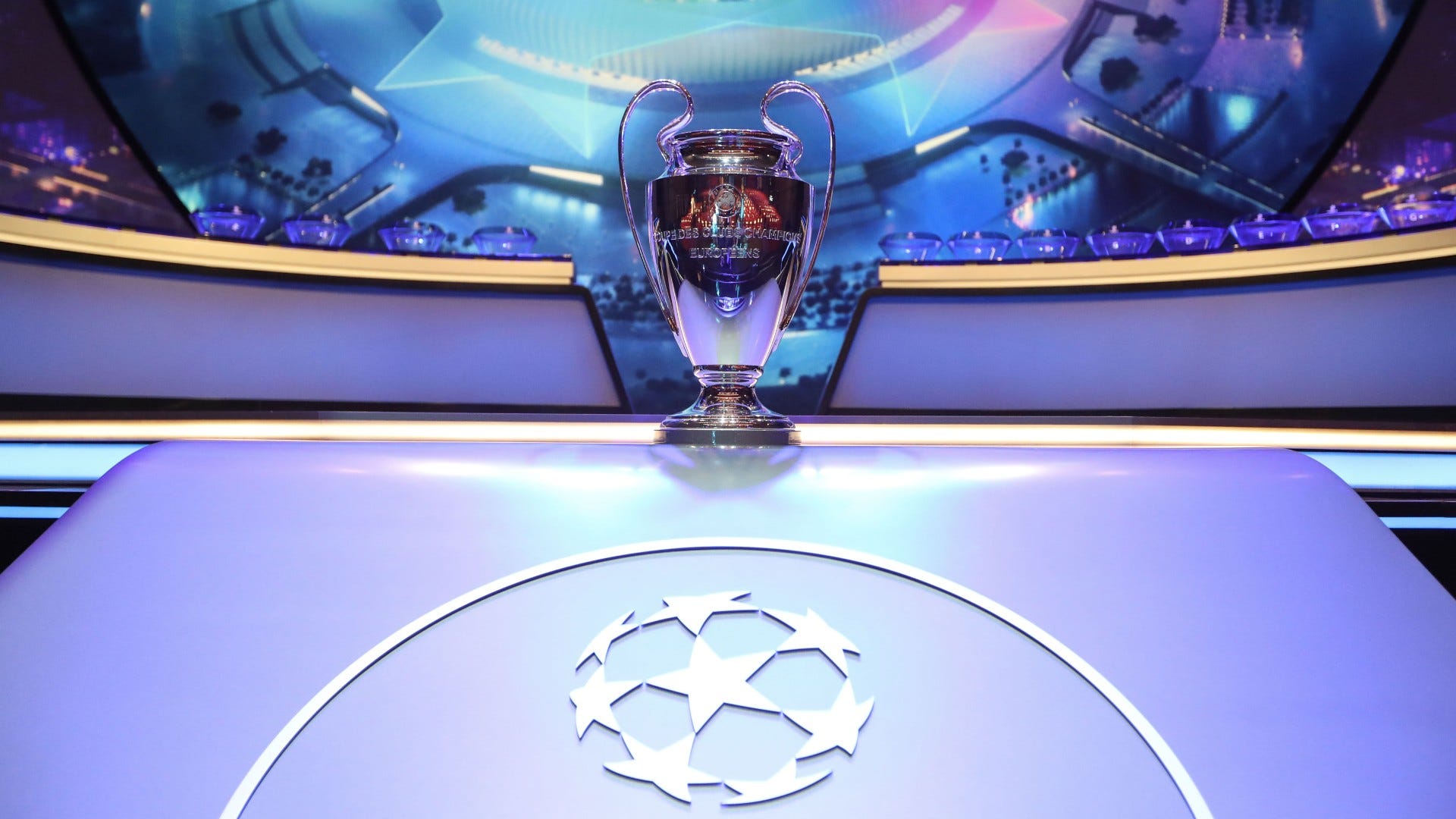 The Champions League Trophy stands on display during the UEFA Champions League football group stage 